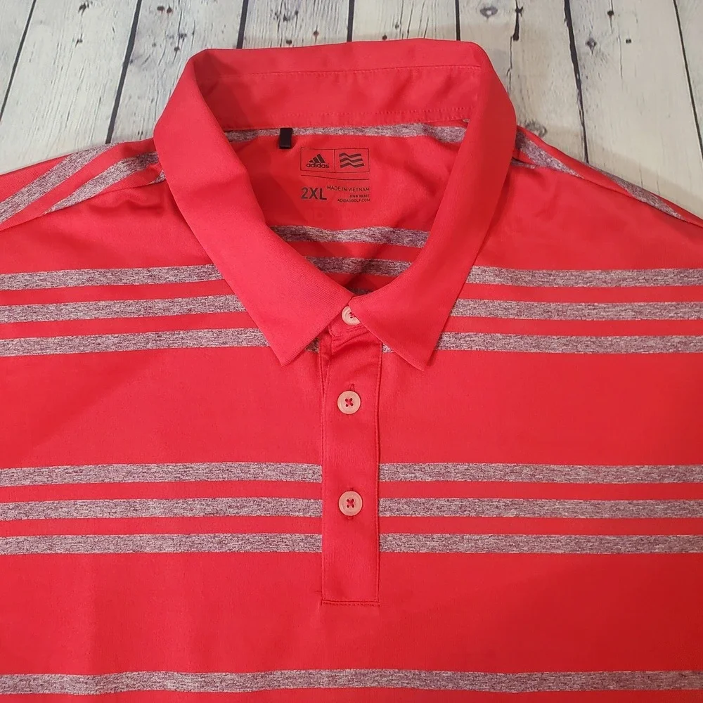 Adidas Men's 2XL Red Polo Shirt Striped‎ 1/4 Button Polyester Golf Logo
